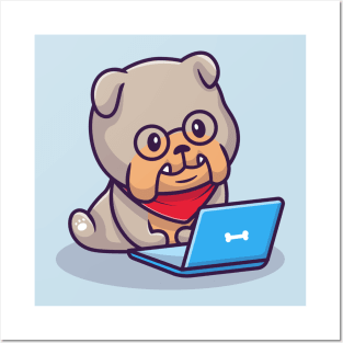 Cute Bulldog Operating Laptop Posters and Art